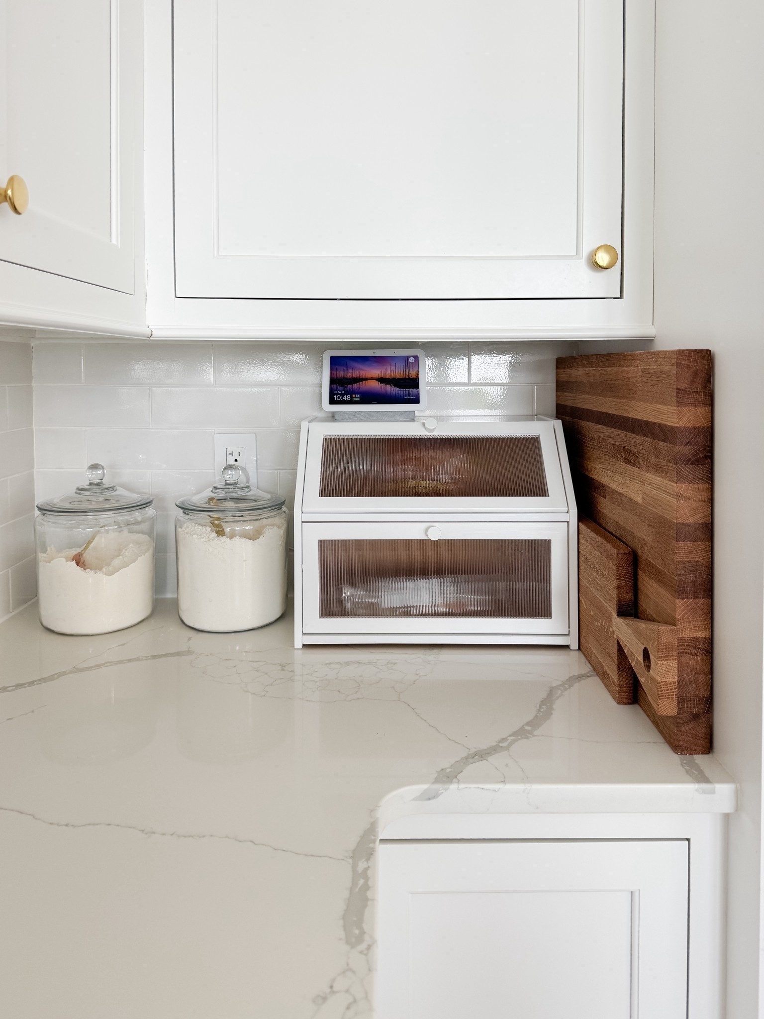 My bread making station in my kitchen. I love these glass flour containers and bamboo bread box 

#LTKSaleAlert #LTKdayinmylife #LTKHome