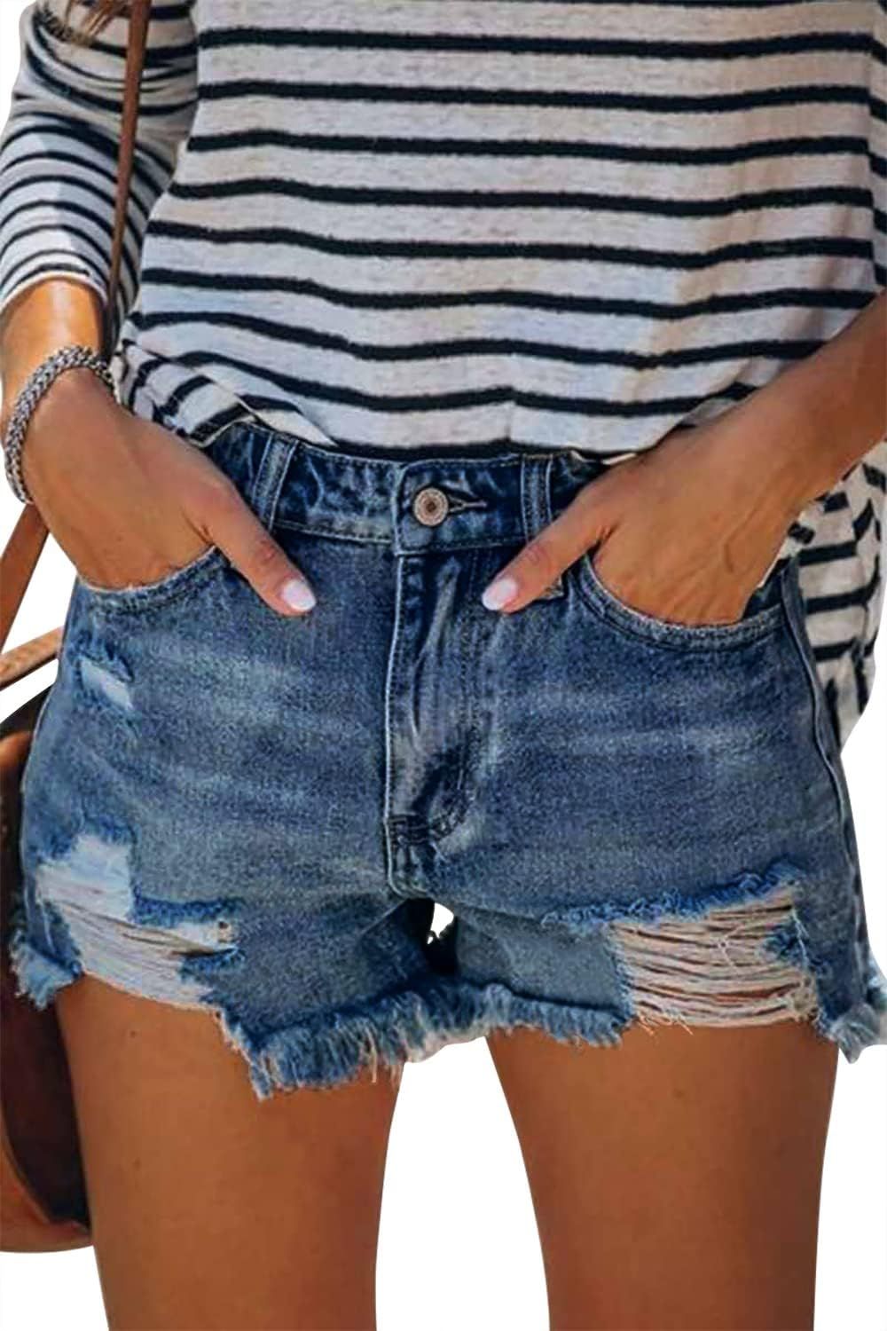 CHICZONE Mid-High Waisted Jean Shorts for Women Casual Summer Ripped Stretchy Denim Shorts | Amazon (US)