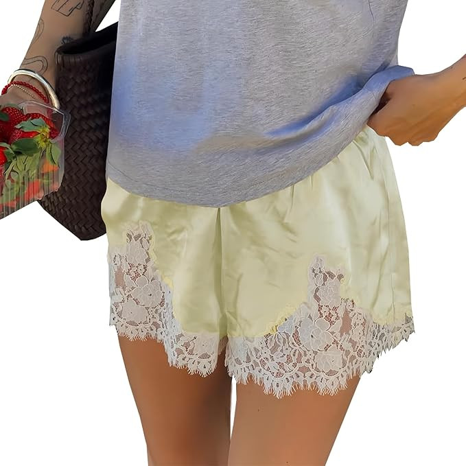 Women Lace Trim Satin Shorts Low Rise Silk Mini Micro Shorts Lace Patchwork Y2k Teen Girls Cute C... | Amazon (US)