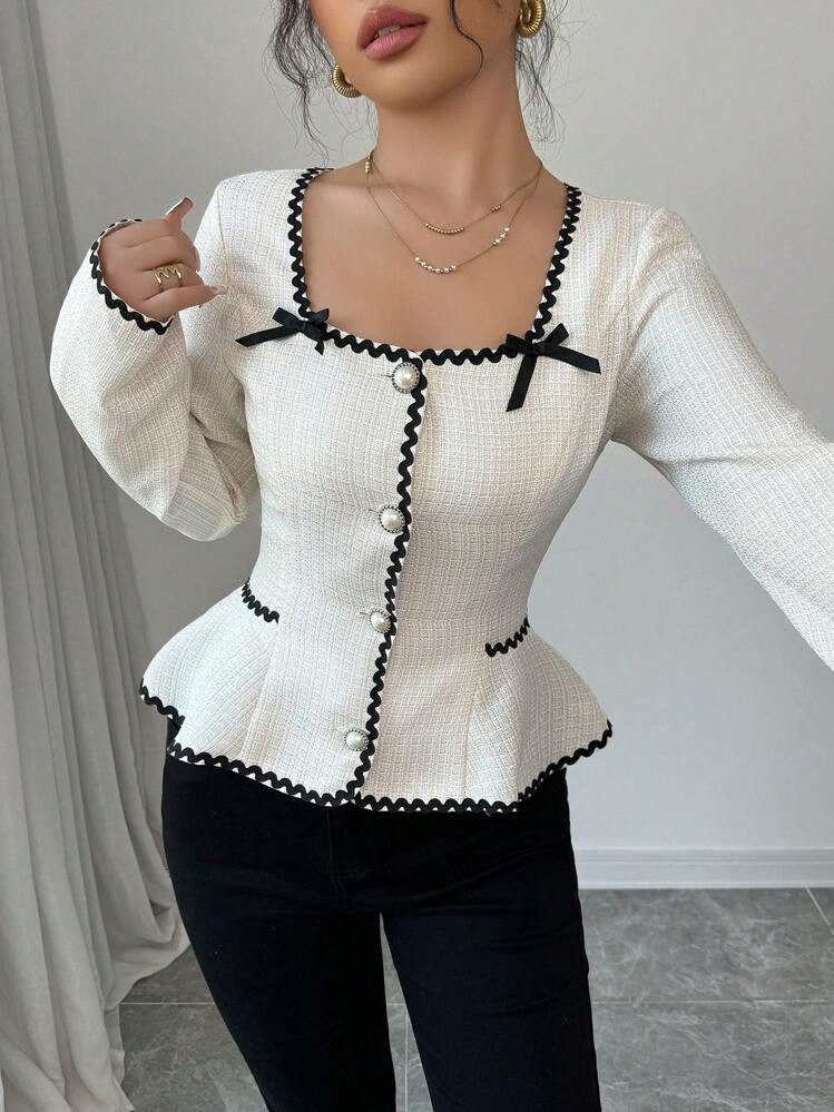 Elenzga Women's Elegant Contrast Trim Bow Decor Cinched Waist Blouse, Autumn | SHEIN