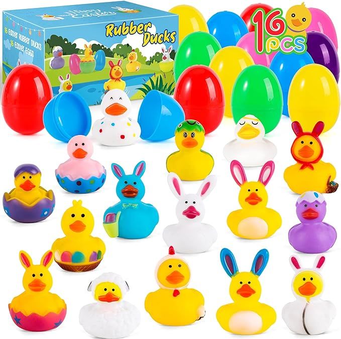 16pcs Prefilled Easter Eggs with Rubber Duck Inside Easter Basket Stuffers Fun Squeeze Duckies Bu... | Amazon (US)