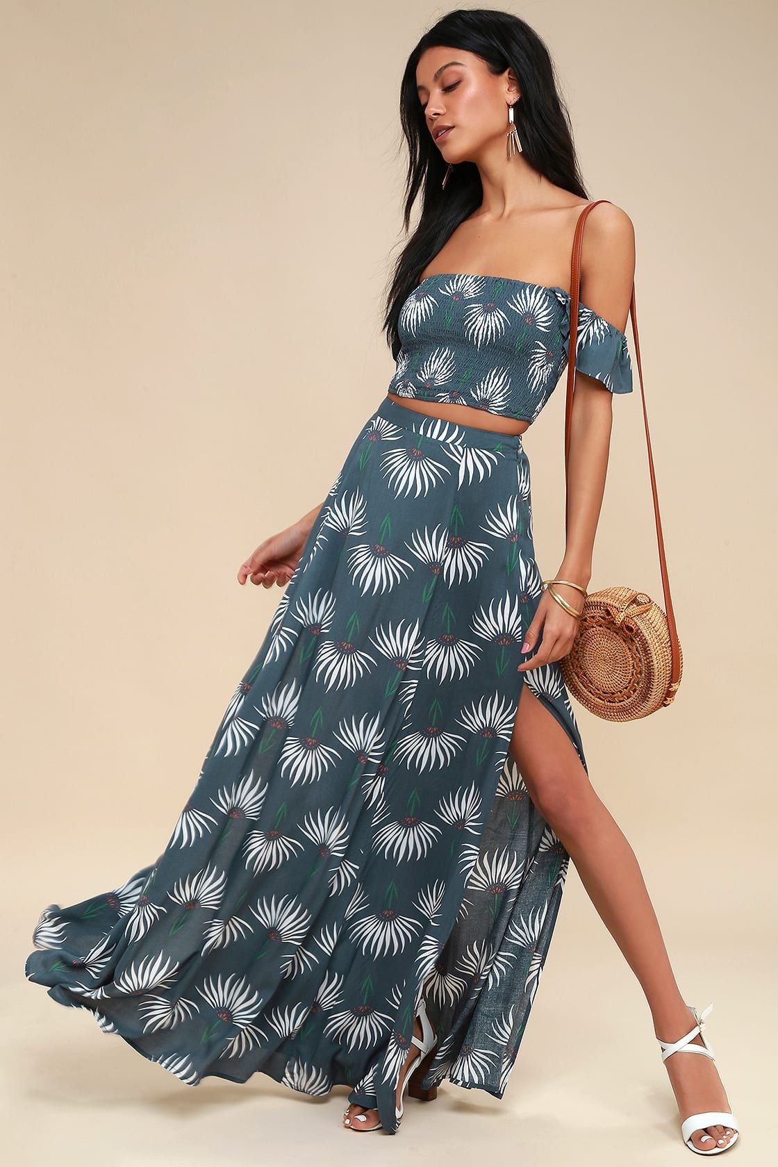 Trancoso Dusty Blue Floral Print Two-Piece Maxi Dress | Lulus (US)