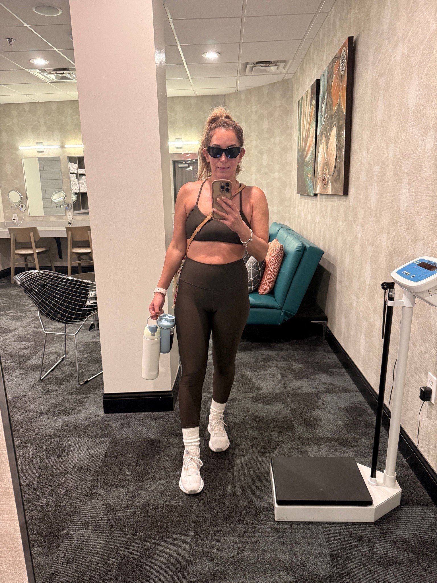 Love this alo set in my favorite fall brown! Can’t go wrong and sucks everything in! I’m in a size 4! 🤎 Also, my on cloud sneakers are on sale at Bloomies! 🫶🏼 #workoutwear #alo #sneakers