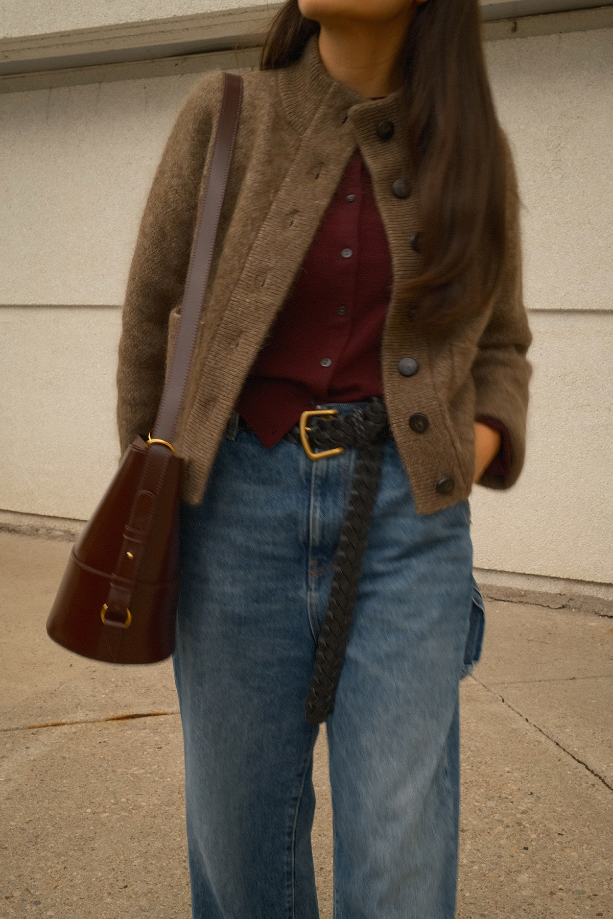 Sezane Fall Faves: Thais Jacket in Taupe and the Gary Bag in Smooth Chocolate. Styled with a burgundy cardigan from Uniqlo and wide leg jeans.  

 #LTKfall #LTKstyletip #LTKbag