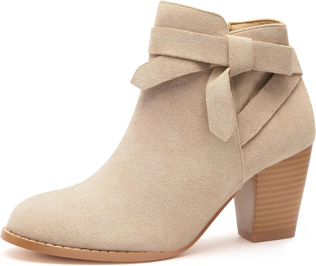 Carcuume Ankle Boots for Women,Wide Ankle Tie Knot,Side Zipper,Round Toe,Chunky Heels,Boots for W... | Amazon (US)