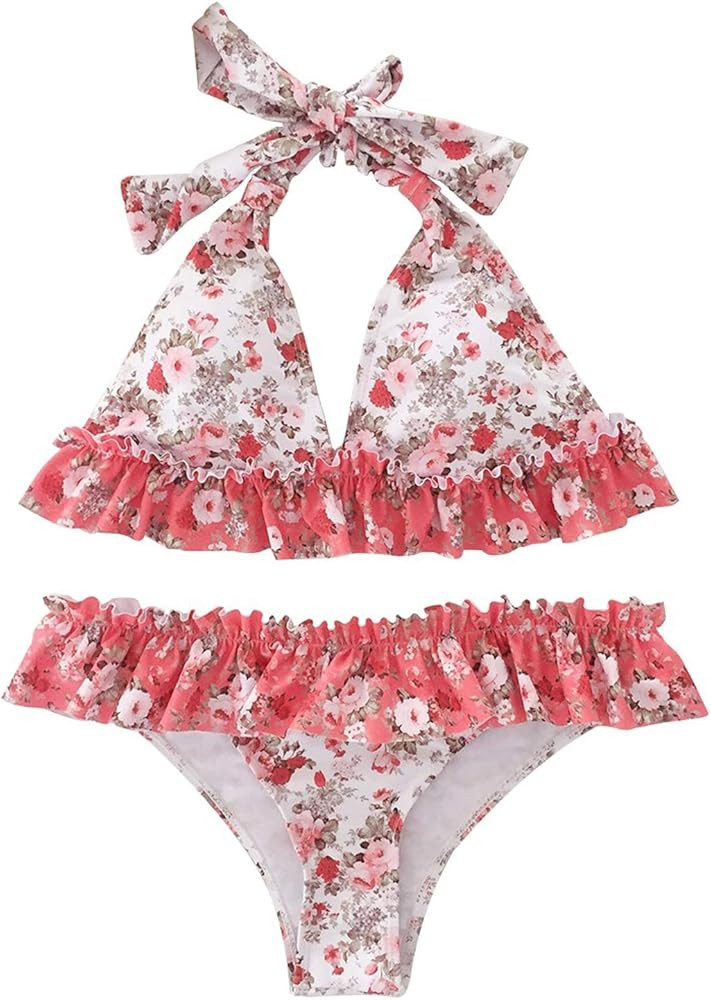 Women's Bikini Swimsuits Ruffle Floral Two Piece Bathing Suits Printed Halter Neck Swimwear Beachwea | Amazon (US)