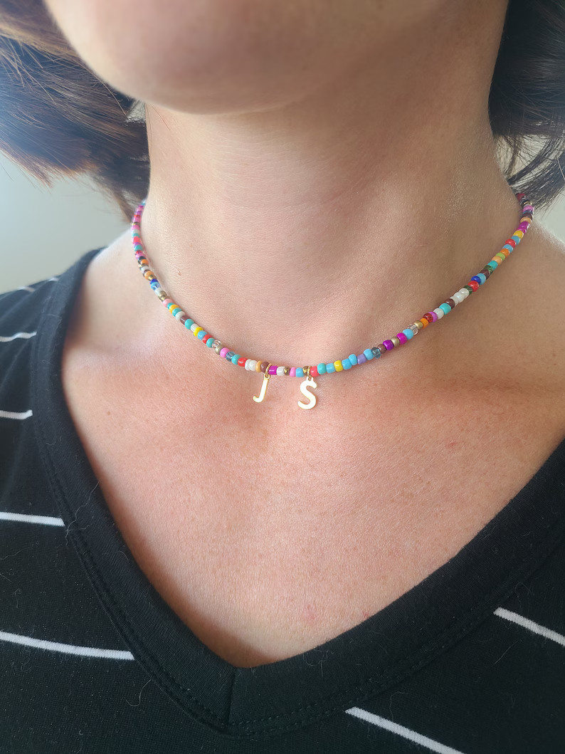 Initial Seed Bead Necklace Two Initials Multicolored Rainbow Gold Initial Pink Orange Gay Beaded ... | Etsy (US)