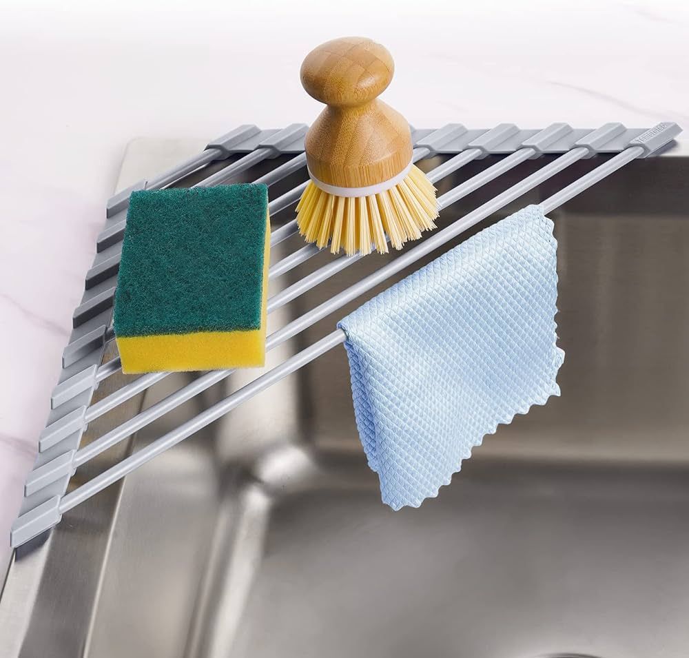Triangle Roll-Up Dish Drying Rack - Small Foldable Silicone Coated for Sink Corner, Stainless Ste... | Amazon (US)