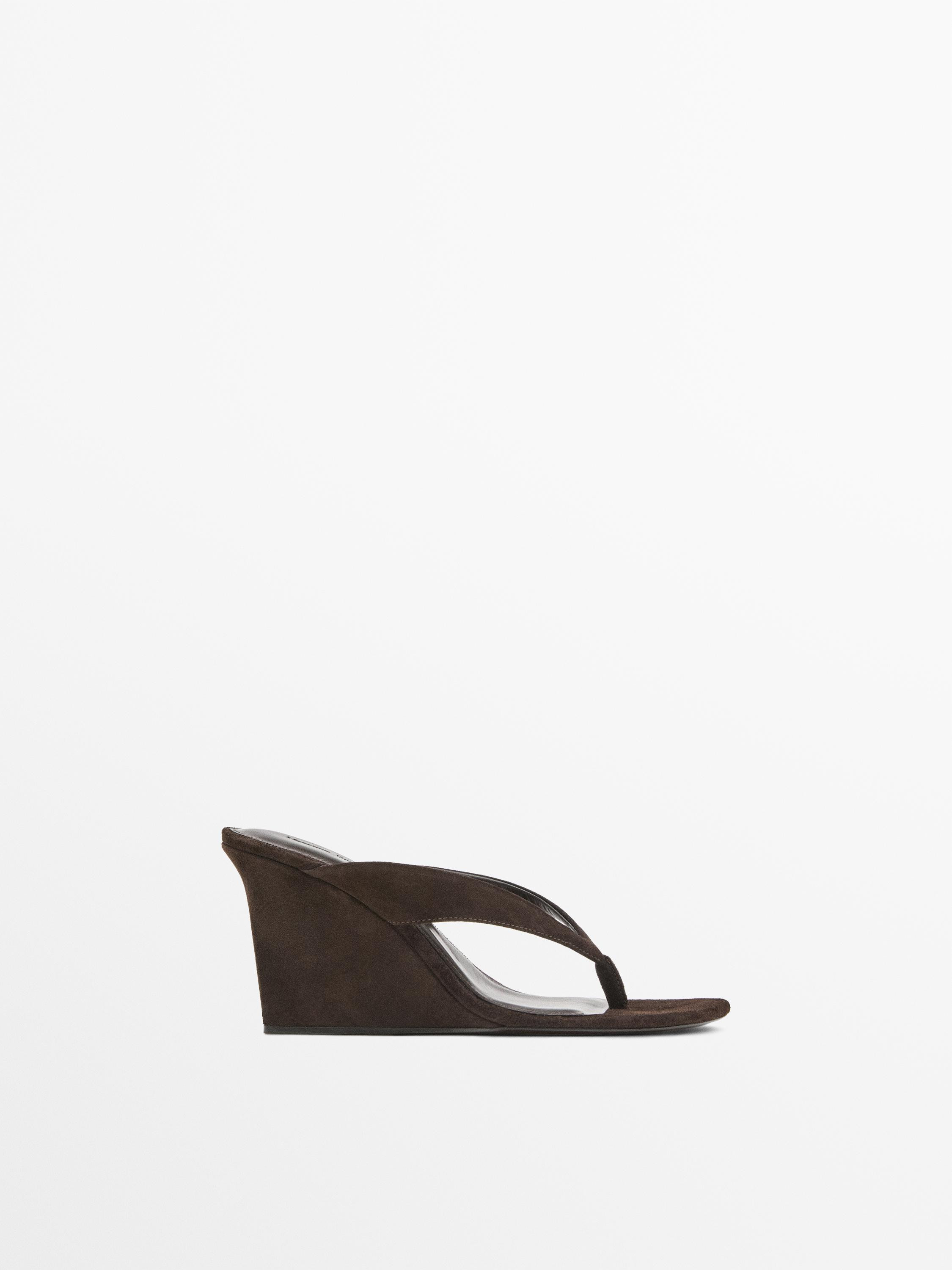 Split leather high-heel wedge sandals | Zara US