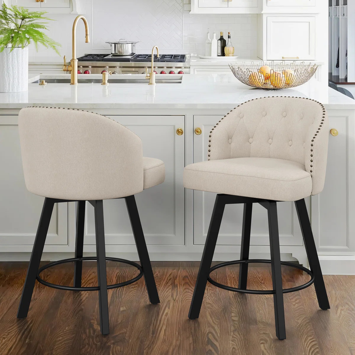 Elyana Counter Height Bar Stools Set Of 2, Swivel Bar Stool With Back, Linen Counter Stool, Metal... | Wayfair North America