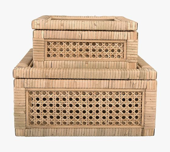 Woven Rattan And Wood Boxes, Set of 2 | Pottery Barn (US)