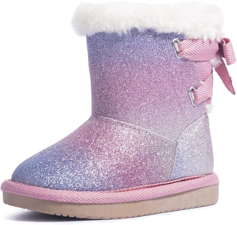 KRABOR Toddler Girls Glitter Winter Boots Warm Fur Lining Non-Slip Snow Shoes with Cute Bow | Amazon (US)