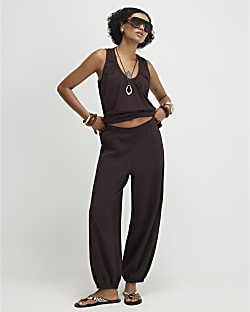 Brown Cotton Blend Textured Cuffed Joggers | River Island UK & IE
