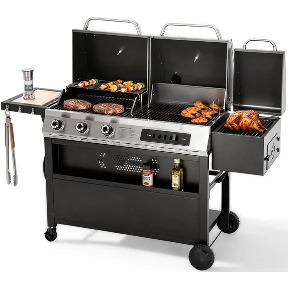 MF Studio 3-Burner Gas and Charcoal Combo Grill with Offset Smoker Large Dual Fuel BBQ Grill for ... | Walmart (US)