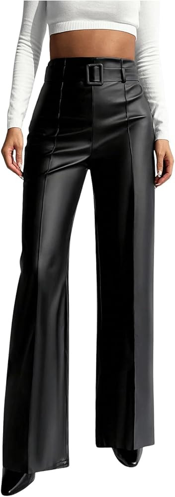 Floerns Women's PU Leather Straight Leg Pants High Waisted Belt Casual Trousers | Amazon (US)