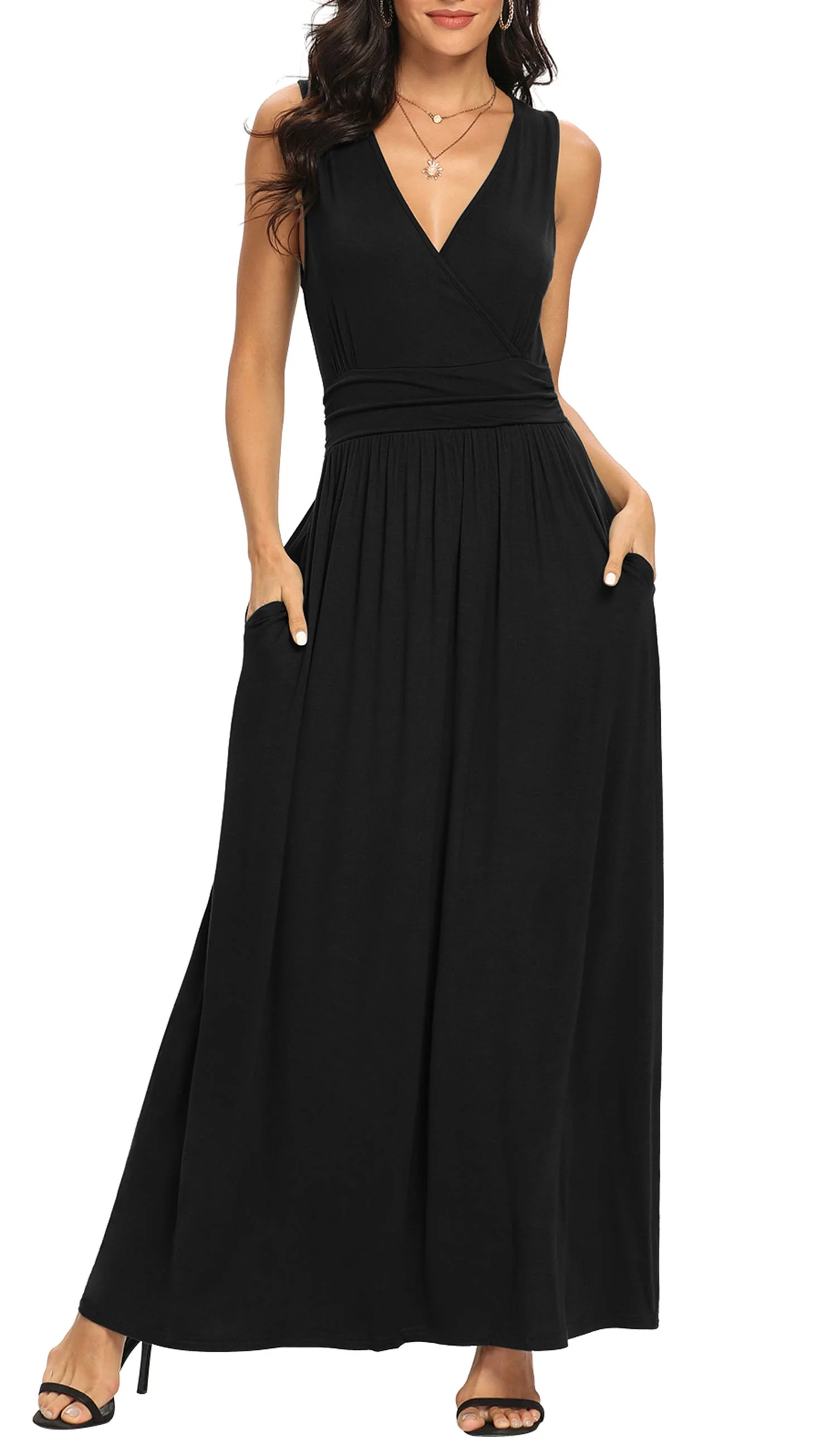 Asklazy Women Sleeveless Deep V Neck Loose Plain Long Maxi Casual Dress,US Size,S,Black | Walmart (US)