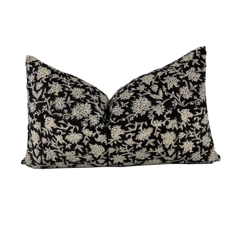 Black Floral Block Print Pillow Cover Cotton Block Print - Etsy | Etsy (US)