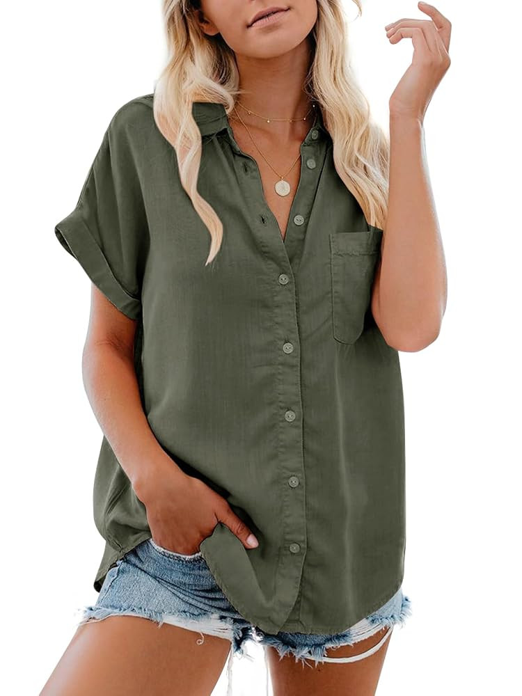 Womens Button Down Casual Shirts Cotton Short Sleeve Blouses Solid Summer Tops with Pocket | Amazon (US)