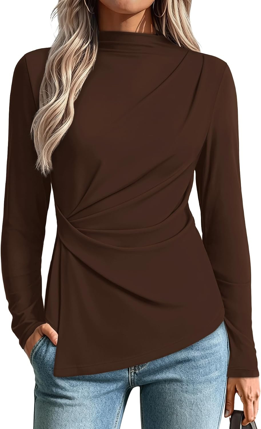 OFEEFAN Long Sleeve Shirts for Women Mock Neck Peplum Tops | Amazon (US)