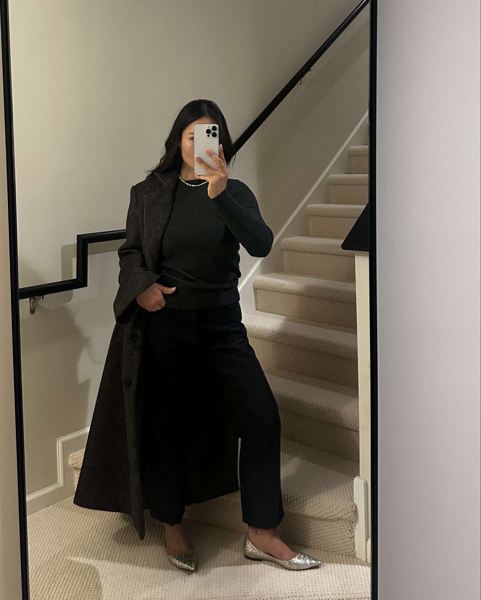 Frandinavian, Scandinavian minimalism, French chic, long coat, straight jeans, black and grey denim, cashmere knit, silver accessories, glitter flats, elevated simplicity, timeless classics, autumn outfit, fall classics. 

#LTKStyleTip #LTKSaleAlert