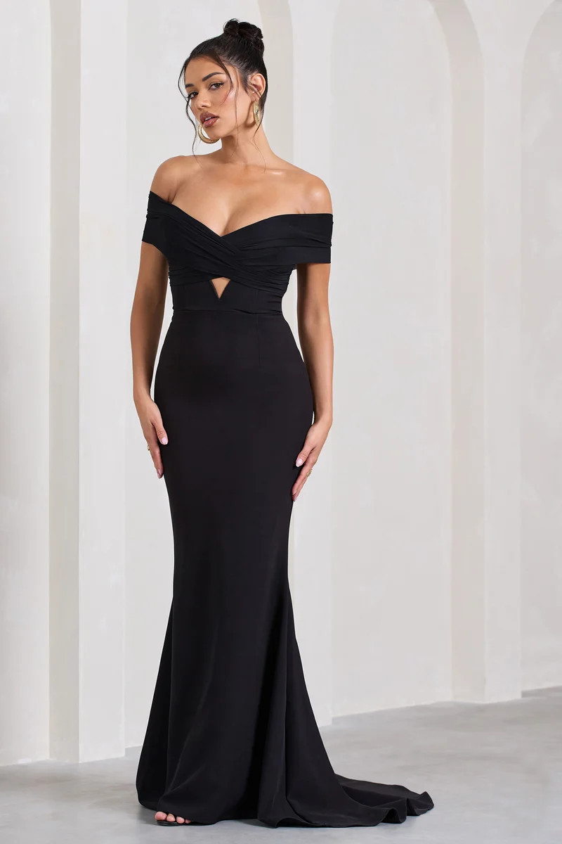 Inspiration | Black Sheer Bardot Fishtail Maxi Dress | Club L London