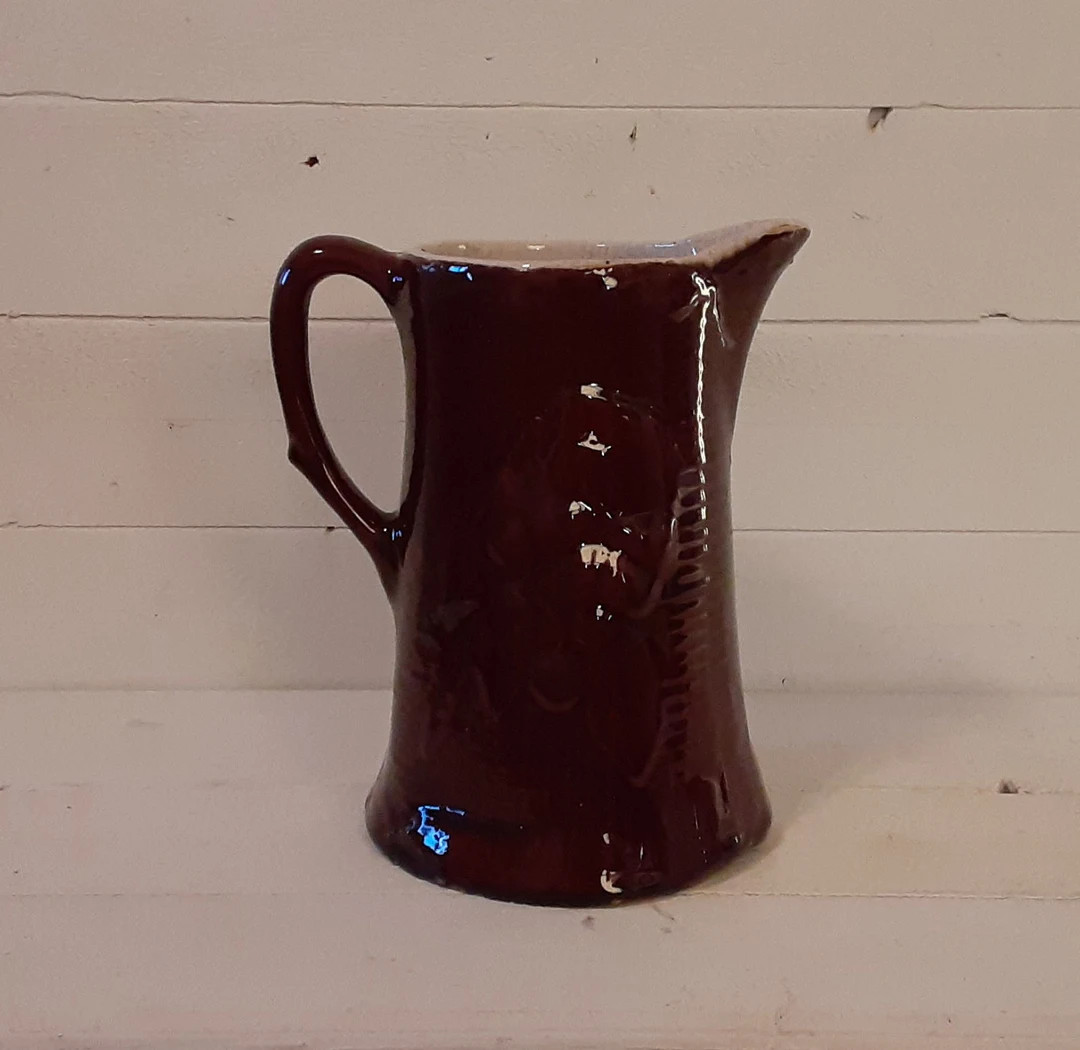 Vintage 7.75" Tall Dark Brown Glazed with Grapes Stoneware Pottery Water Milk Pitcher Vase Farmho... | Etsy (US)