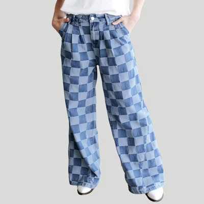 Amaryllis Women’s High Waist Denim Checkered Pants Relaxed Wide Leg Pleated Front Vintage Wash Statement Jeans- 4 ,Dusk Blue | Target