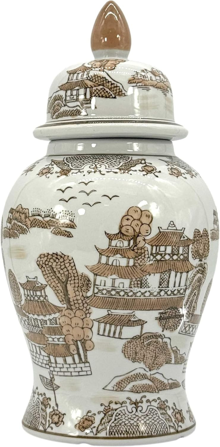 Galt International 14" Brown & White Landscape Ceramic Porcelain Ginger Jar Floral Home Décor Jar Urn Shape Vase | Amazon (US)
