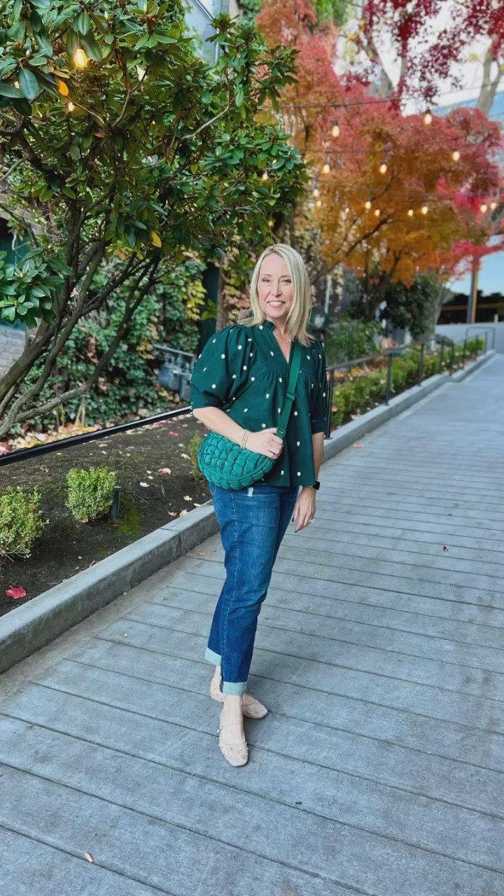 Embracing the colors and flavors of fall!
Easy put together look with elevated fall hunter green blouse, straight jeans, puff bag, and embellished Mary Jane flats or black Chelsea boots  

#LTKSeasonal #LTKHoliday #LTKWatchNow