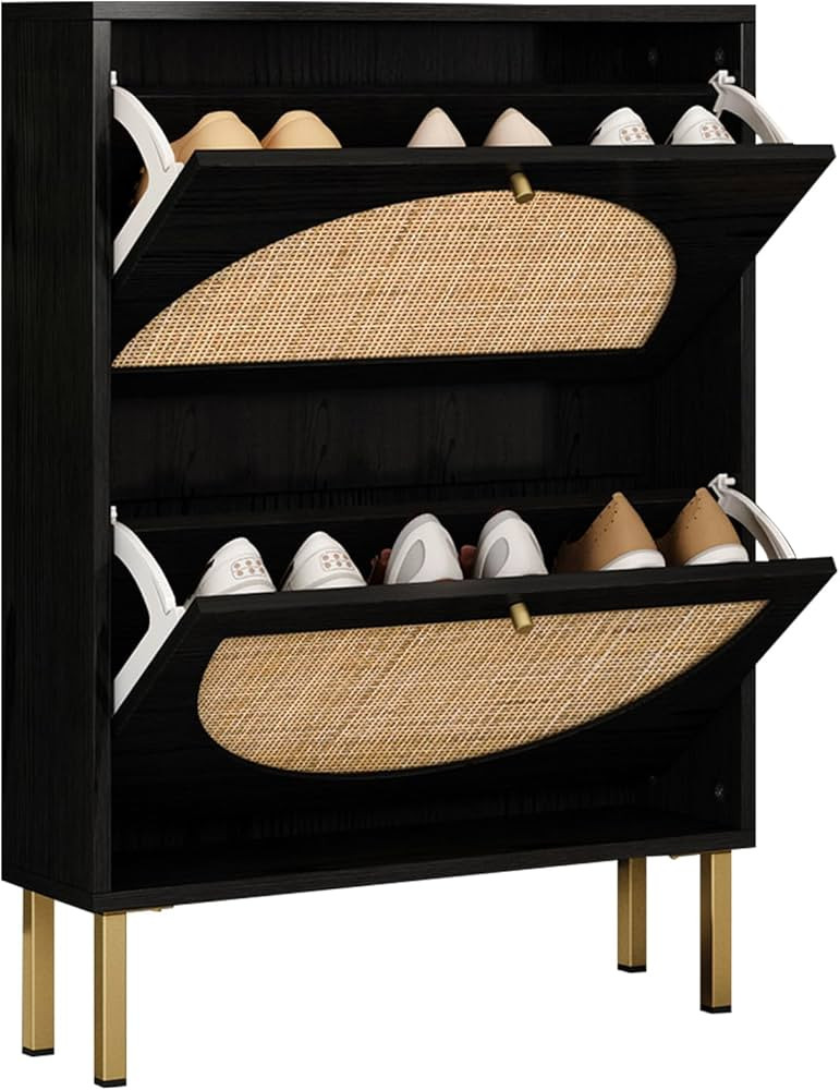 Rattan Shoe Storage Cabinet with 2 Flip Drawers, Slim Shoe Cabinet for Entryway Shoe Cabinet, 2 T... | Amazon (US)