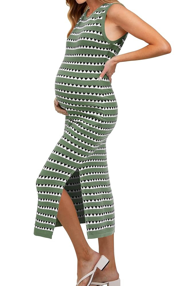 OUGES Women's 2025 Summer Maternity Dress Knit Sleeveless Crewneck Midi Dress Side Slit Striped B... | Amazon (US)