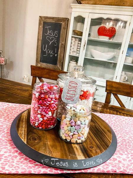 Valentines Tablescape idea! Simple cookie jars with candy on a tray make such a pop for making your house a home! Every #CrazyBusyMama deserves a spot like this  

#LTKMostLoved #LTKSeasonal #LTKhome