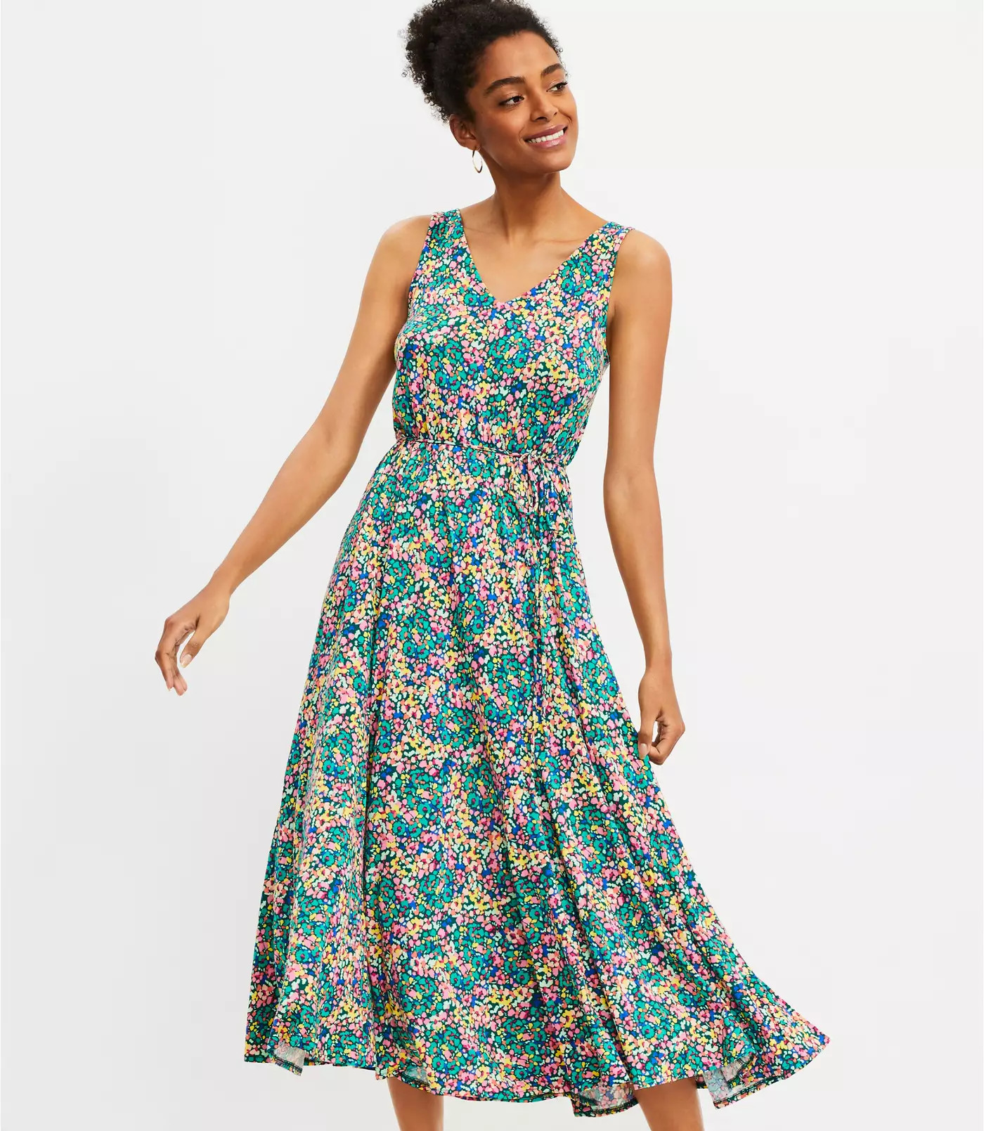 Floral Godet Double V Midi Dress | LOFT | LOFT