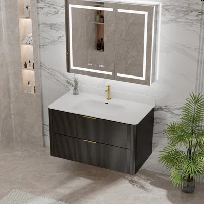 Black Fluted Floating Bathroom Vanity – Integrated Acrylic Sink + Gold Brushed Handles | Wayfair North America