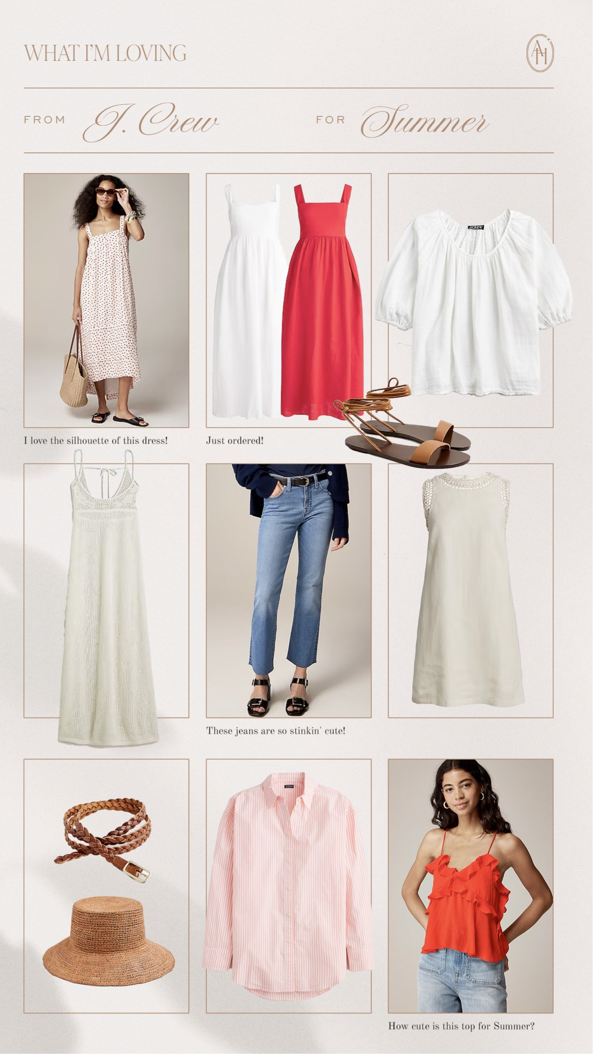 Classic new in pieces from
j.Crew for summer, smocked dress, polka dot dress, brown sandals, red dress, white dress 

#LTKFindsUnder100