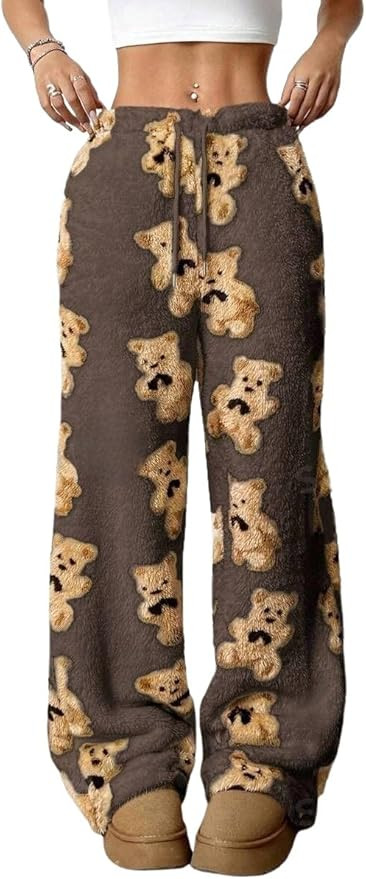 ZAFUL Women's Fuzzy Plush Pajama Pants Drawstring Elastic Waist Wide Leg Teddy Pj Bottoms Lounge ... | Amazon (US)