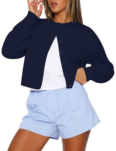 Kistore Womens Cropped Cardigan Sweaters Crew Neck Long Sleeve Button Up Sweaters Lightweight Kni... | Amazon (US)