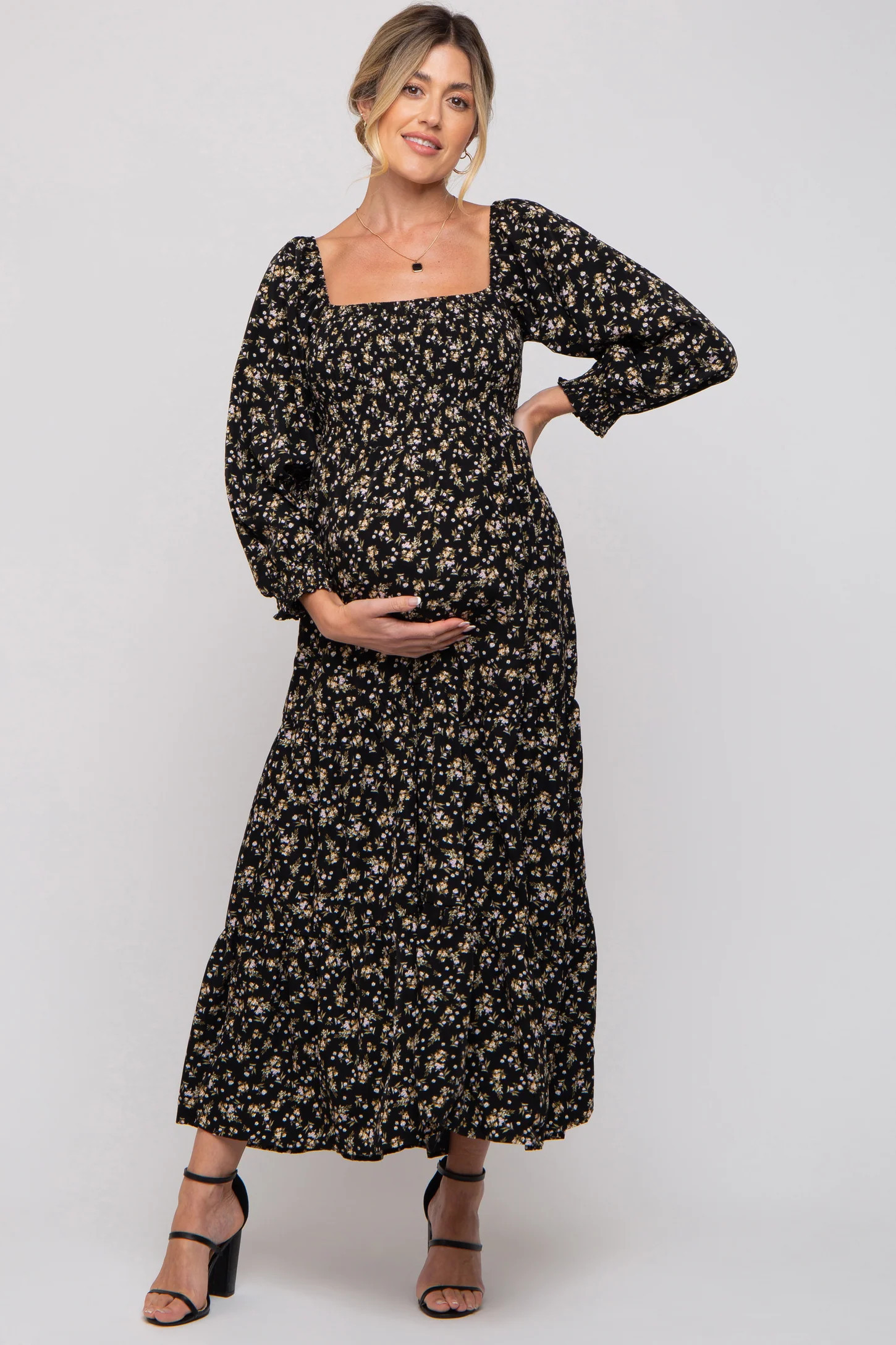 Black Floral Smocked Long Sleeve Maternity Maxi Dress | PinkBlush Maternity