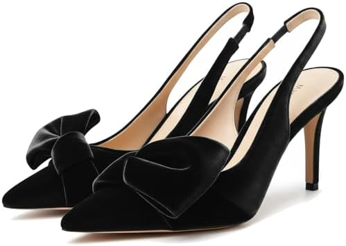 Women's Slingback Pumps Bow Pointed Toe Pumps with Elasticated Strap Pumps for Women 3.3" High He... | Amazon (US)