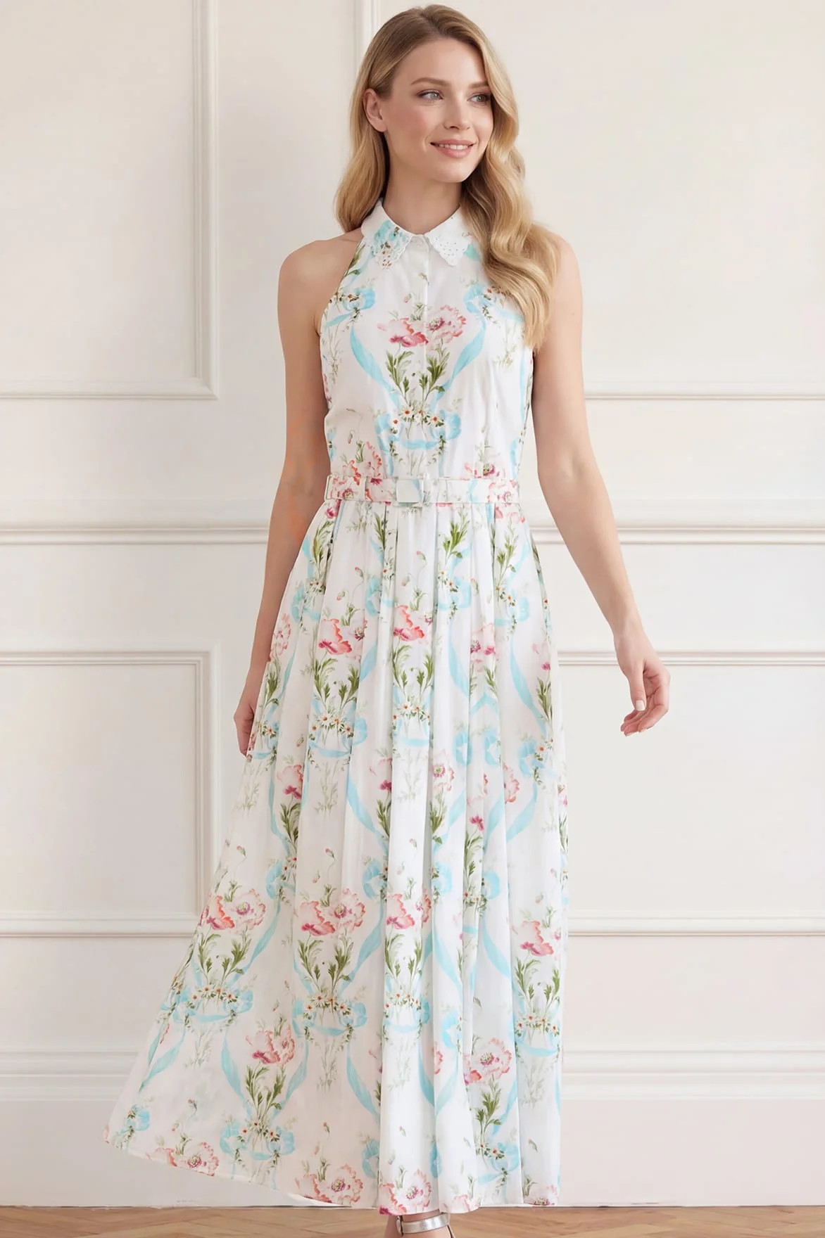 Floral Ribbon Cotton Halter Ankle Gown | Needle & Thread