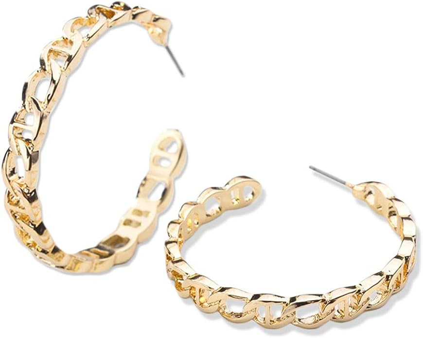 14k Gold Hoop Earrings For Women - Personalized Chain Link Hoop Earrings, Hypoallergenic Gold and... | Amazon (US)