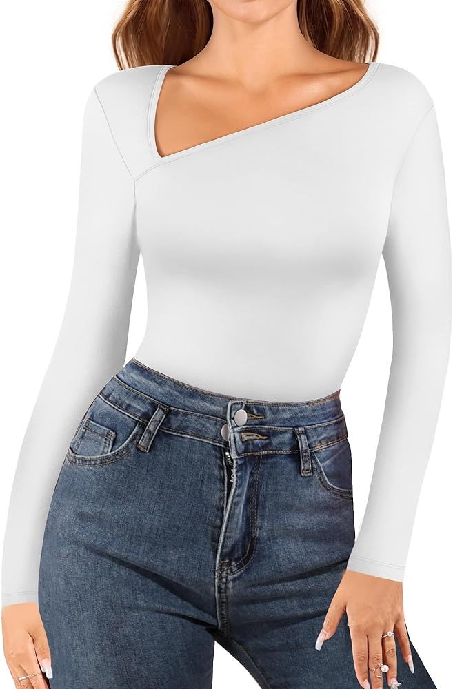 MANGOPOP Women Asymmetrical Neck Long Sleeve Basic T shirt Thong Bodysuit Tops | Amazon (US)