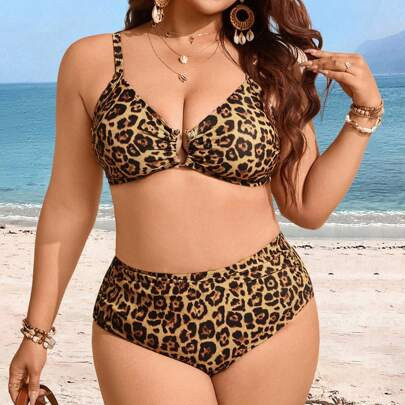 Summer Plus Size Women's Leopard Print Random Pattern Bikini, Metal Clasp Bust Support, Ruched Side Bottom, Mature & Casual Beach Vacation Style | SHEIN