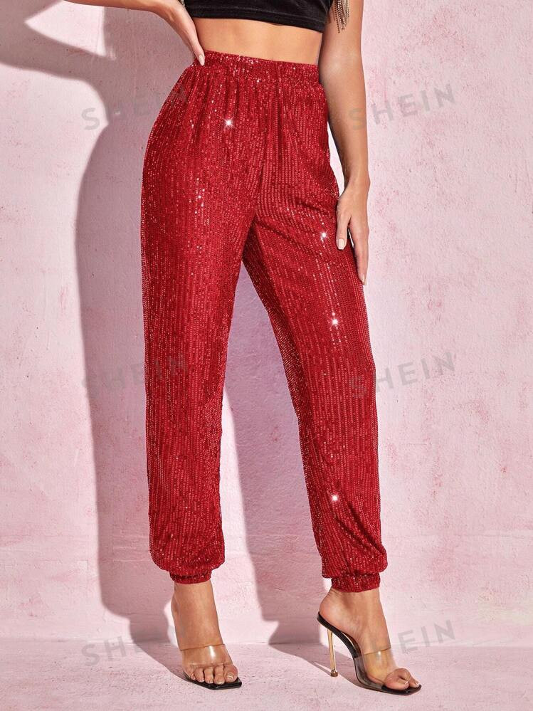 SHEIN BAE Christmas Party Red Sequin Women's Pants | SHEIN