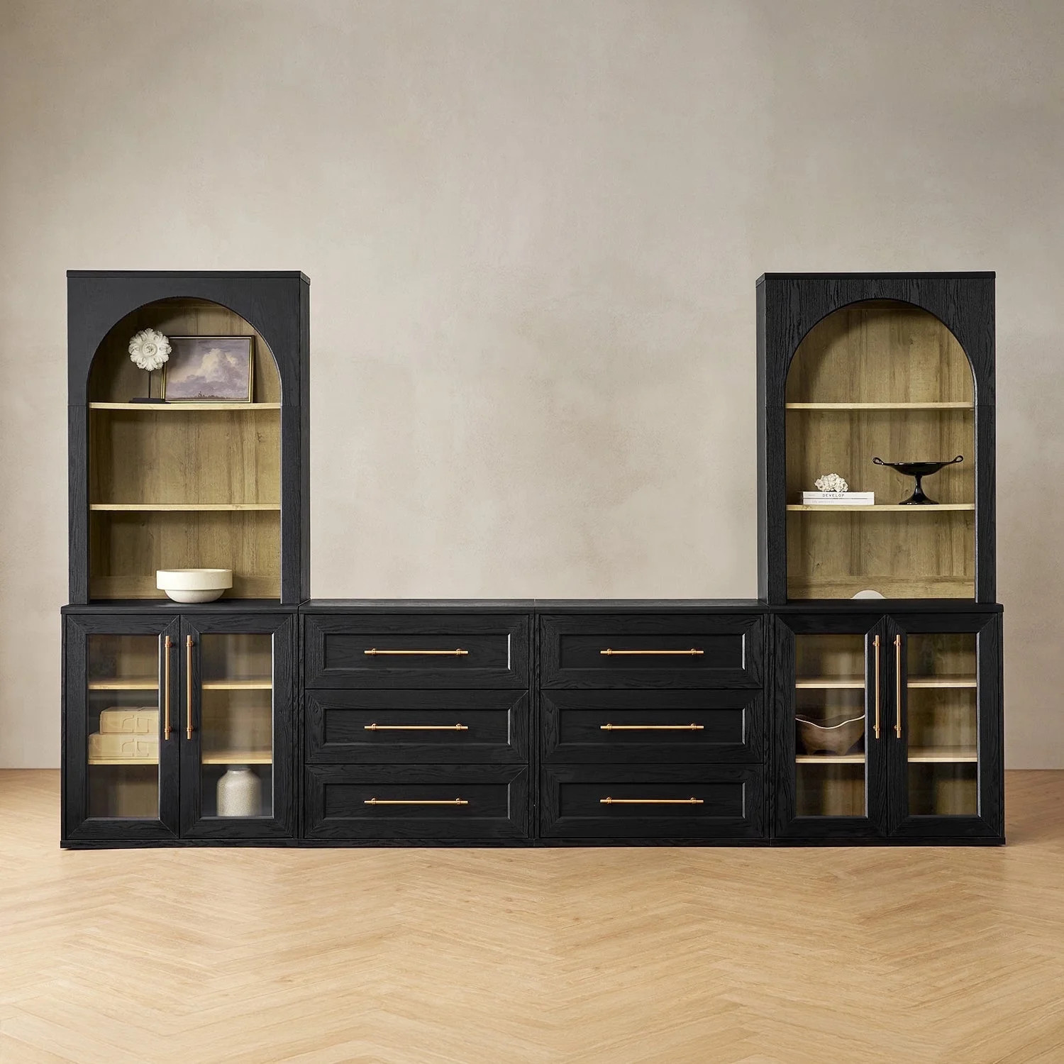 Mopio Blake 4 Piece Entertainment Center with Storage, Modern Farmhouse Wall Unit TV Stand with Bookshelves for up to 65" TVs, Trophy Display Case, Media Console Cabinet, Living Room (Black) | Walmart (US)