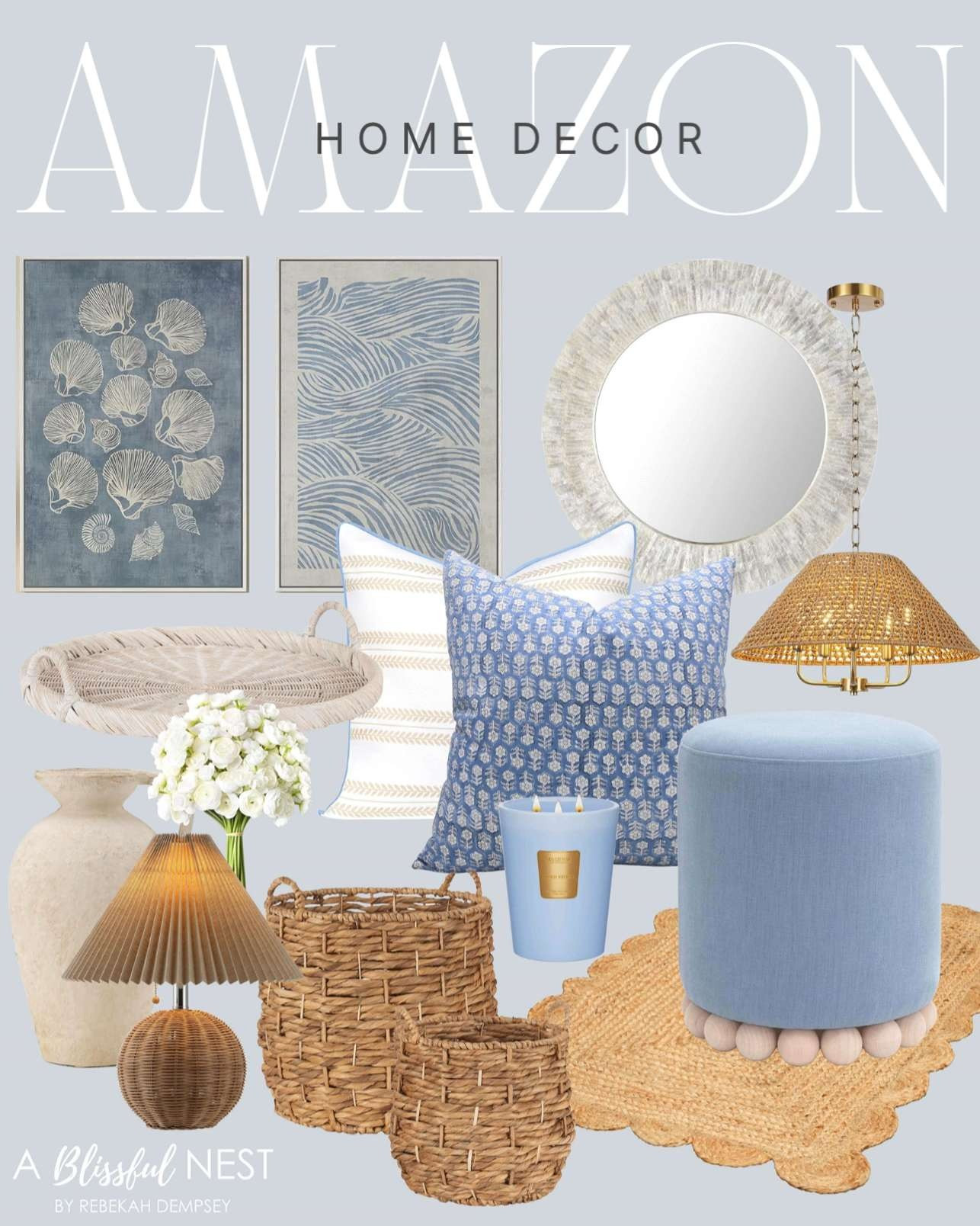 Soft blues, warm textures, and timeless style all in one collection. Shop the look.

Linen breeze soy candle, striped coastal pillow, woven rattan tray, dark beige woven lamp, terracotta vase, artificial ranunculus flowers, framed coastal blue white wall art, woven baskets, rattan chandelier, seashell sunray wall mirror, blue block print pillow, blue fabric ottoman, hand woven area rug. 

 #LTKHome