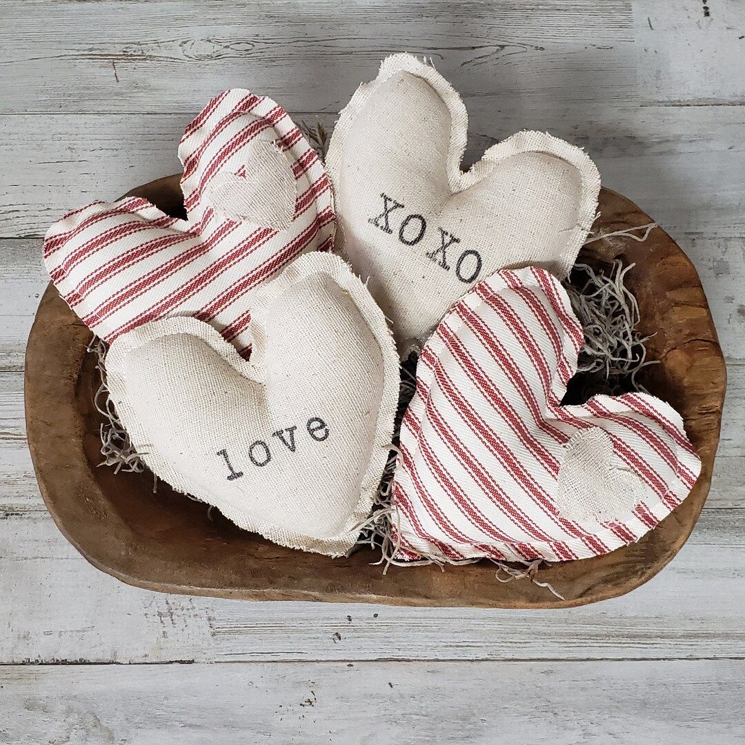 Set of 4 Linen Cloth Fabric Hearts  / Valentine Bowl Filler Decor / Rustic Valentine's / Neutral ... | Etsy (US)