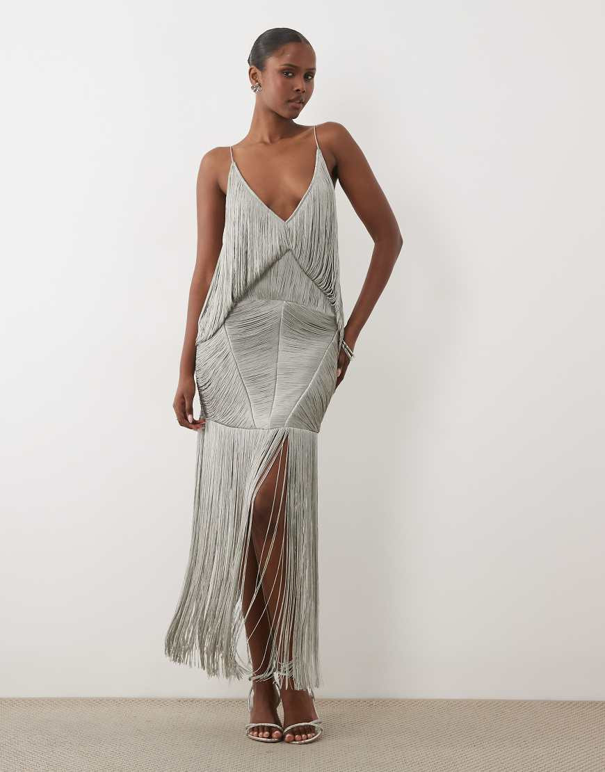 ASOS DESIGN drape fringe maxi dress in silver | ASOS (Global)