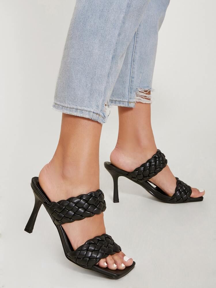 Faux Leather Braided Vamp Open Toe Heels | SHEIN