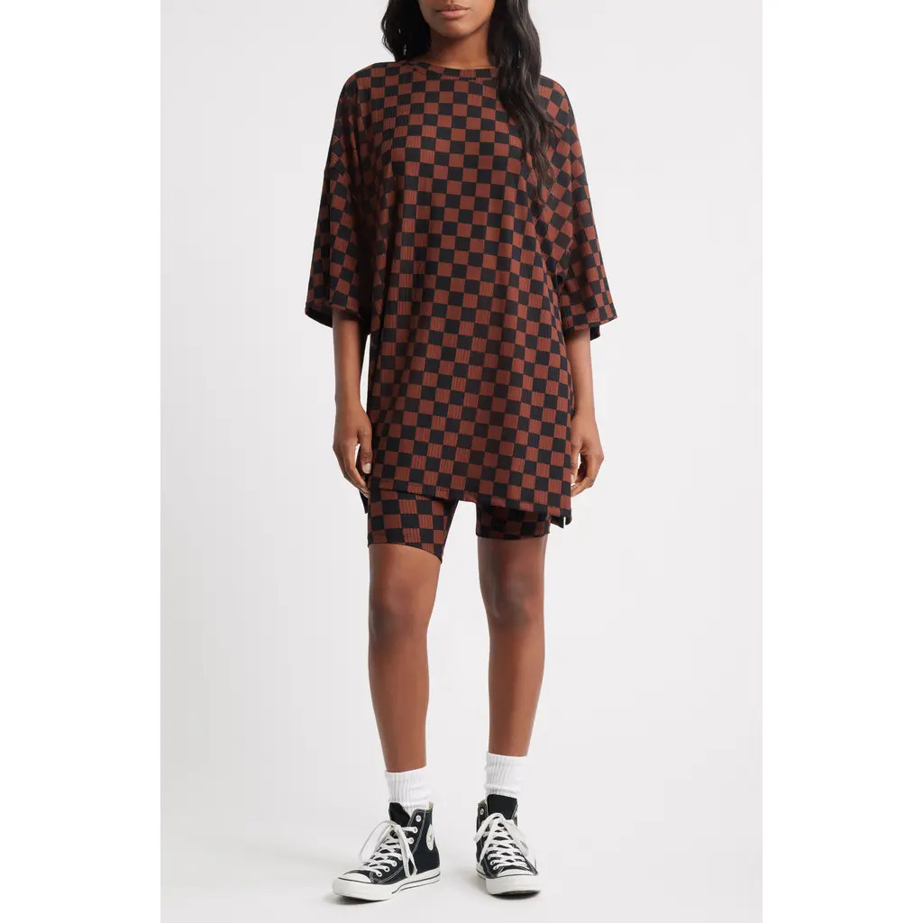 Dressed in Lala Malone Rib Oversize T-Shirt & Biker Shorts Set in Black And Brown at Nordstrom, Size Large | Nordstrom